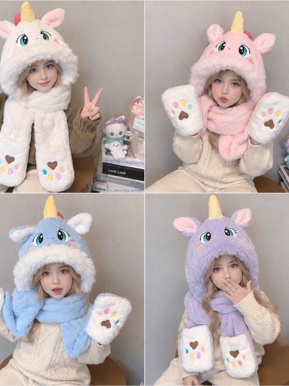 Plush Unicorn Hat Scarf Mittens Set for Kids - Pink, White, Blue, Purple